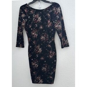 XXI Black Velvet Floral Bodycon Mini Dress Sz S 3/4 Sleeve Whimsigoth Dark Fairy
